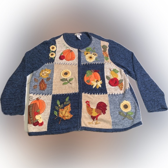 Vintage Fall Autumn Thanksgiving Blue Patchwork Embroidered Knit Zip Sweater 1X - Picture 10 of 16